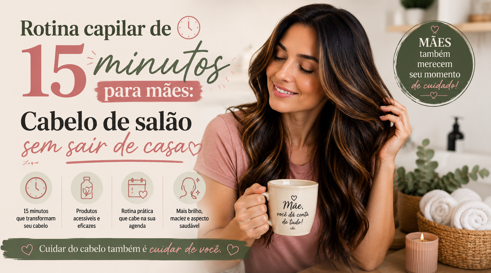 Rotina capilar de 15 minutos para mães: Cabelo de salão sem sair de casa.
