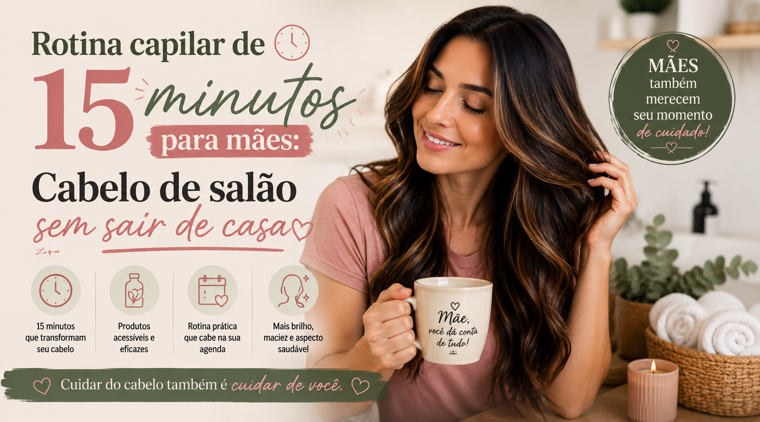 Rotina capilar de 15 minutos para mães: Cabelo de salão sem sair de casa.